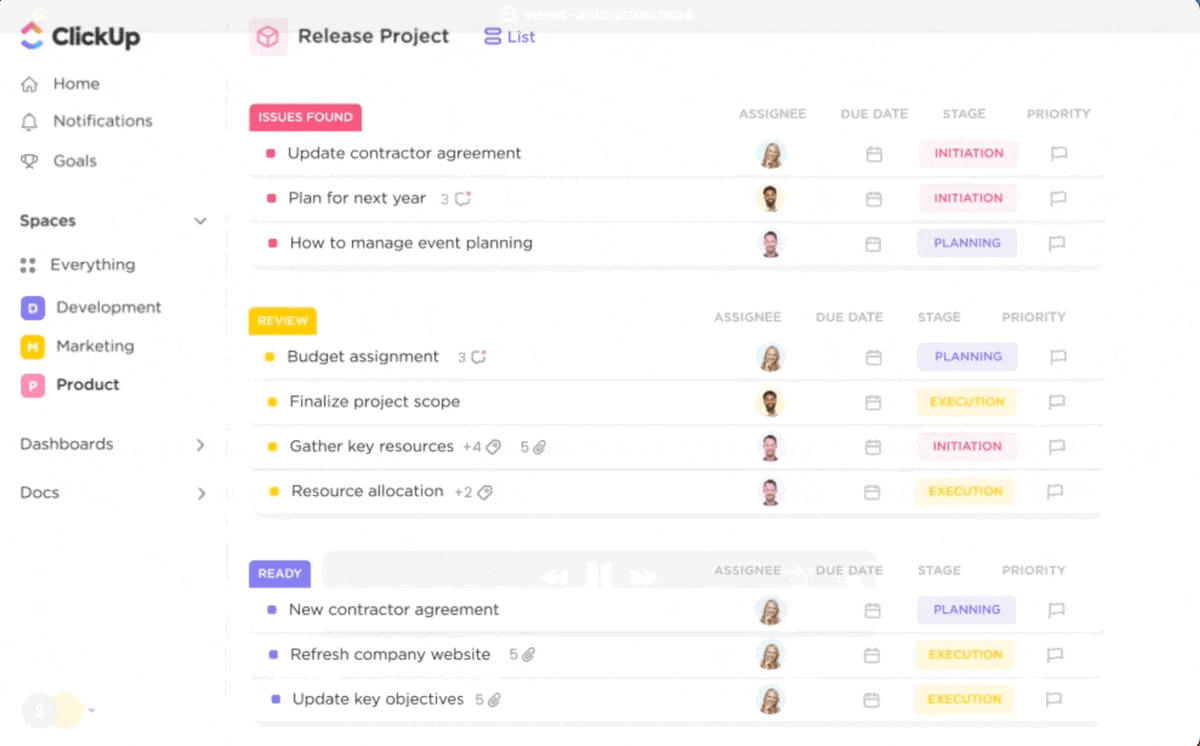 Ads management tool: ClickUp’s Table, List, Gantt, and Board views